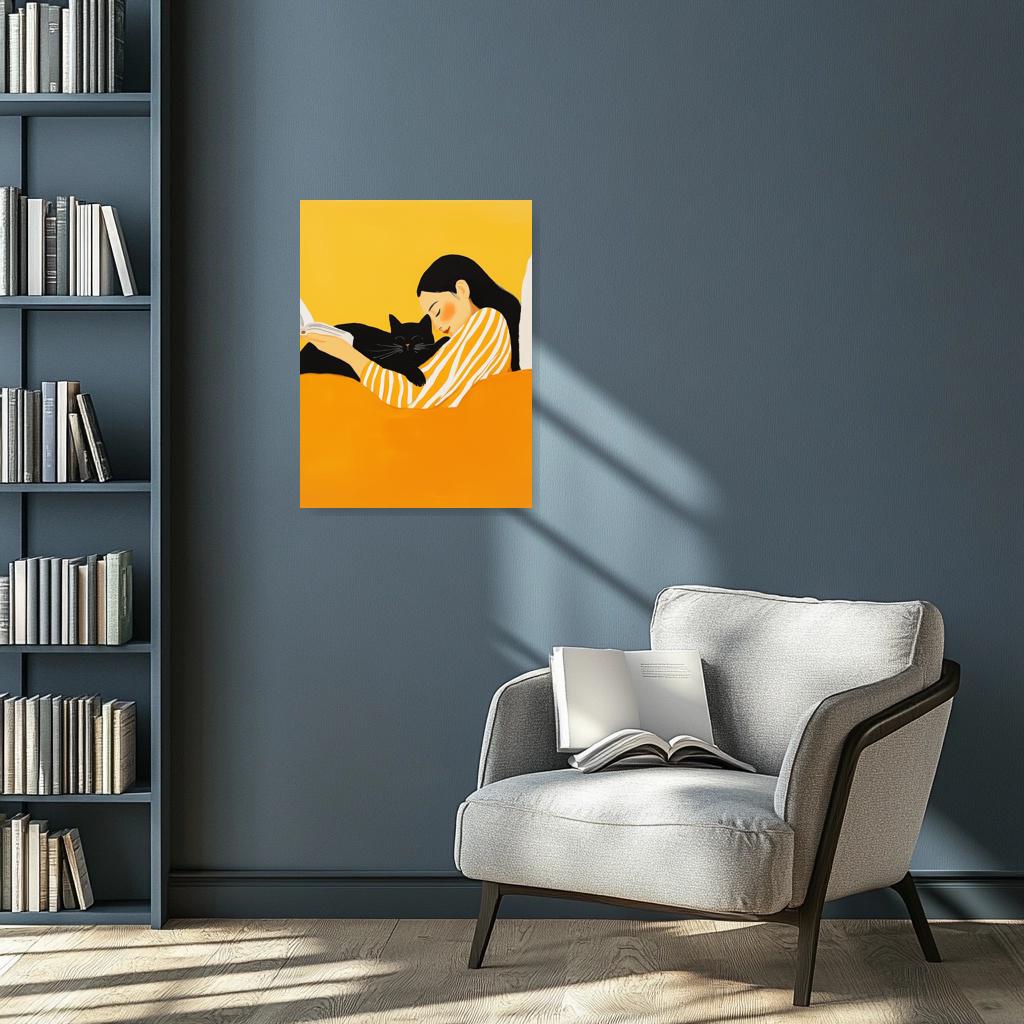 Cozy Cat Companionship Wall Art in Gentle Yellow Tones Inspired by Alex Katz Canvas Print | Original | 24x36" | Stretched Canvas