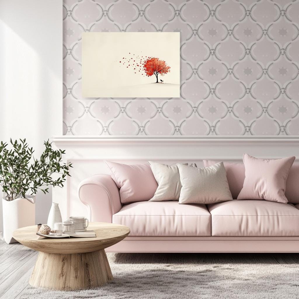 Custom Canvas Print Autumn Tree in Red with Falling Leaves Inspired by Van Gogh Unique Home Decor Wall Art