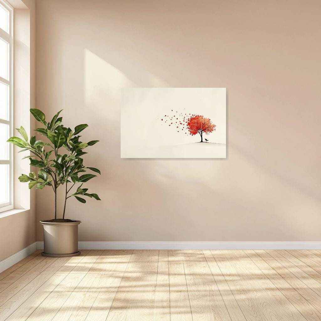 Custom Canvas Print Autumn Tree in Red with Falling Leaves Inspired by Van Gogh Unique Home Decor Wall Art