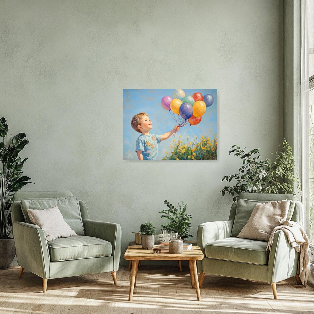 Cheerful Canvas Print of a Joyful Boy Holding Colorful Balloons in Impressionist Style Art for Home Decor