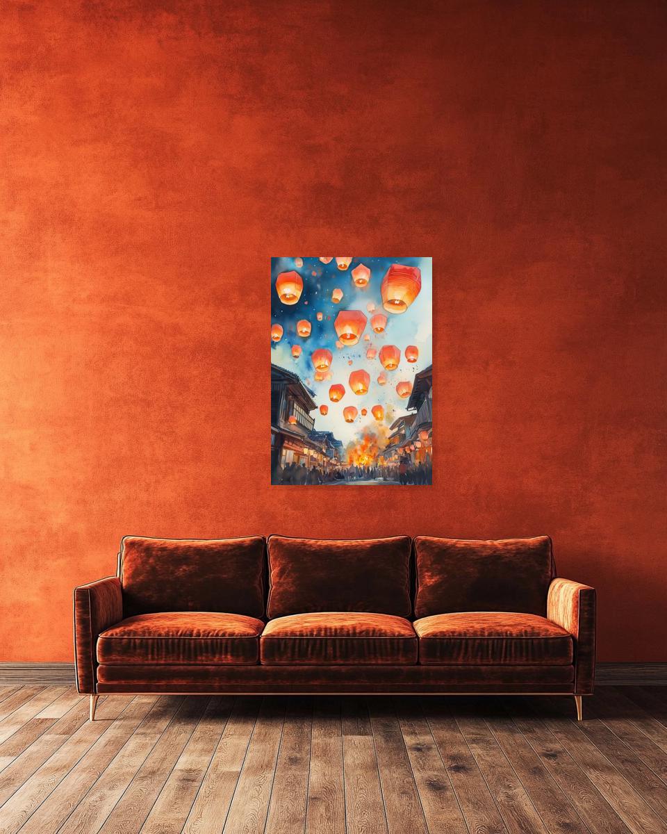 Stunning Lantern Festival Wall Art Canvas Print in Watercolor Style Inspired by Claude Monet for Elegant Home Decor