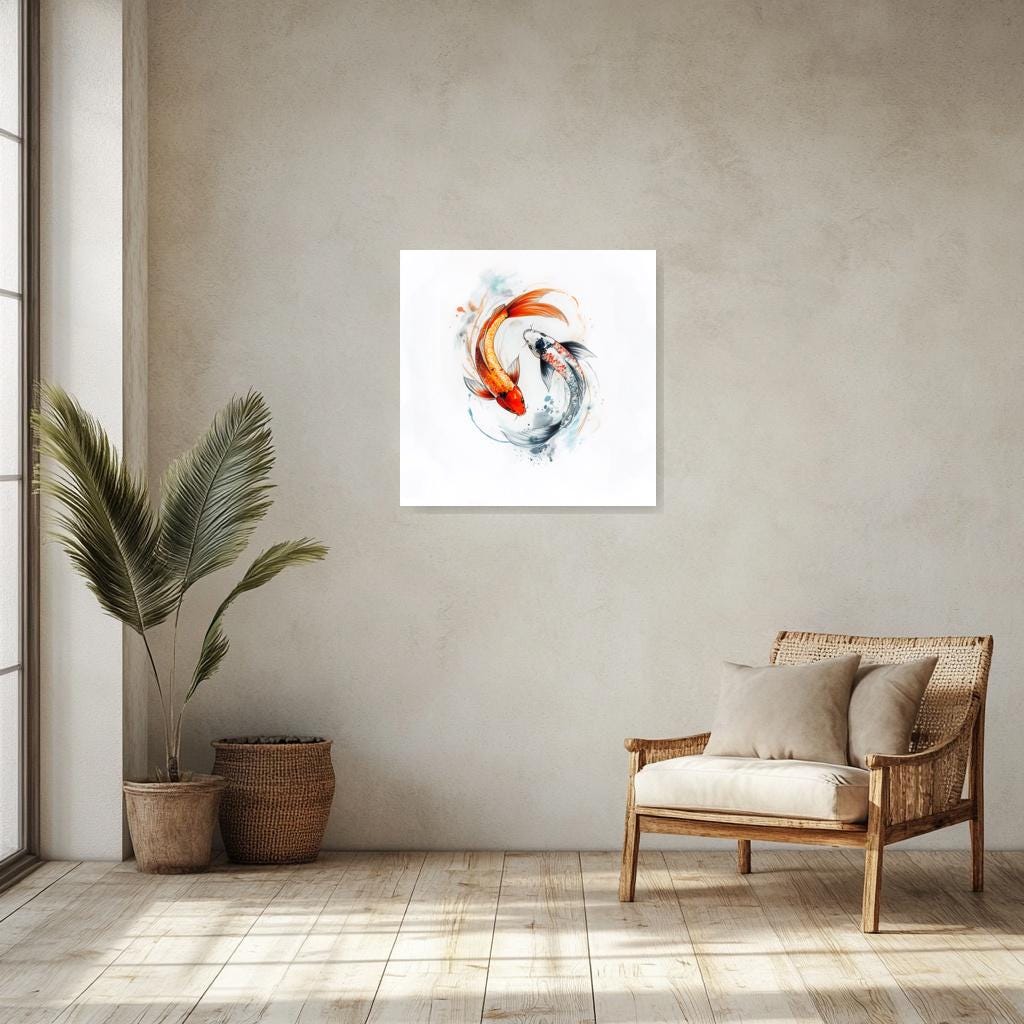 Koi Fish Canvas Print Watercolor Art Home Decor Wall Art in the Style of Japanese Ink Painting with Vibrant Orange and Blue Accents