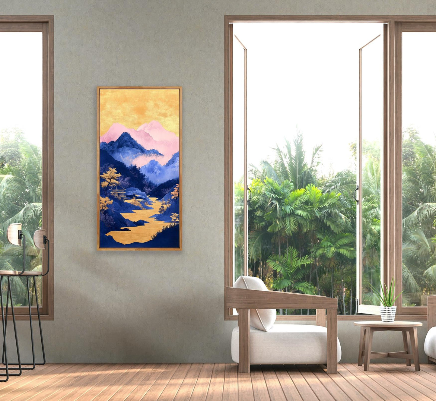 Pastel Asian Inspired Mountain Canvas Art with Golden River | Serene Home Decor | Zen Landscape Digital Print | Soft Colors