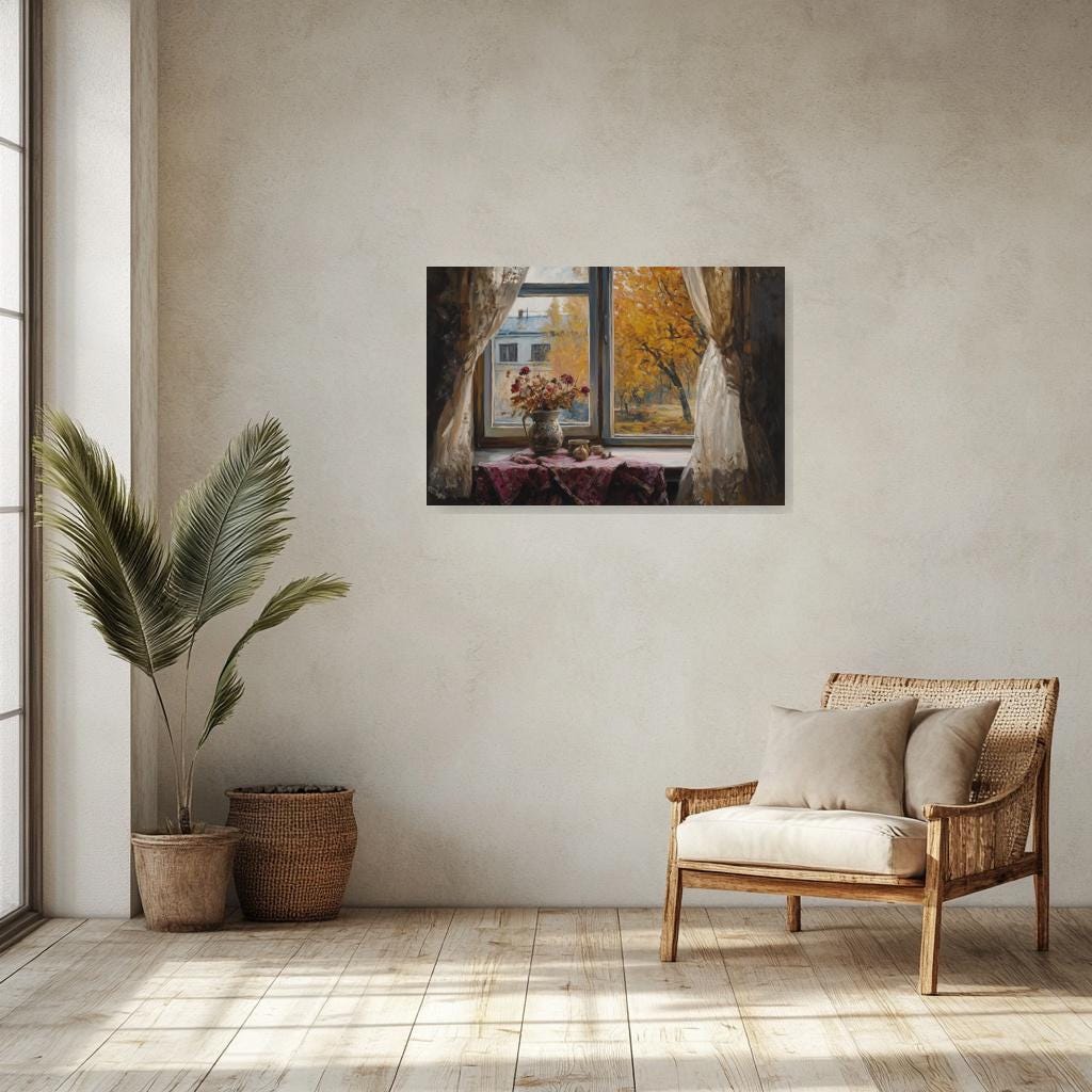 Autumn Window View Canvas Print Inspired by Claude Monet with Floral Arrangement and Warm Earthy Tones Home Decor