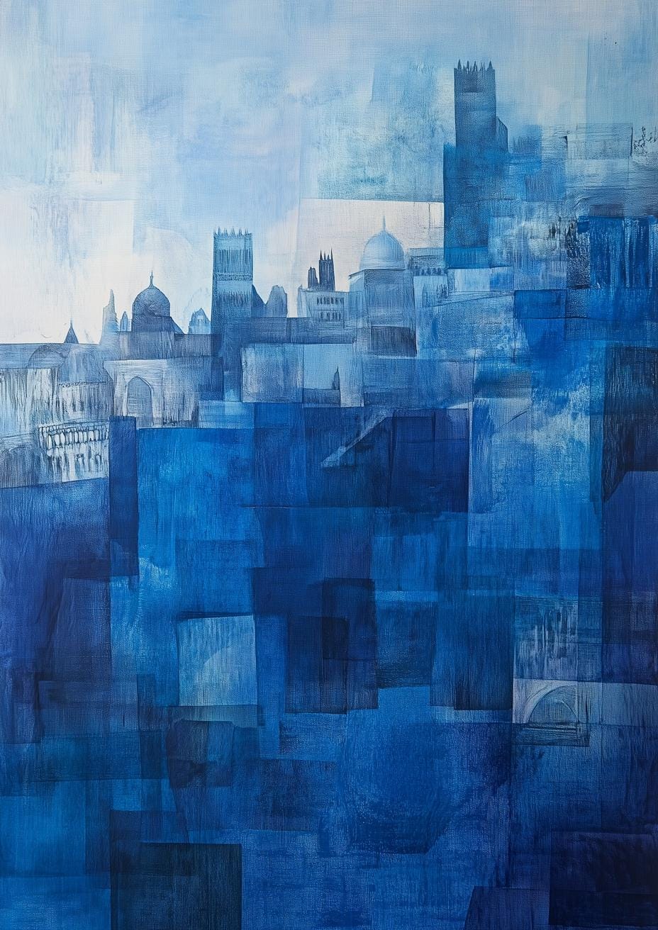 Sophisticated Blue Abstract Cityscape Canvas Print Inspired by Wassily Kandinsky for Modern Home Decor