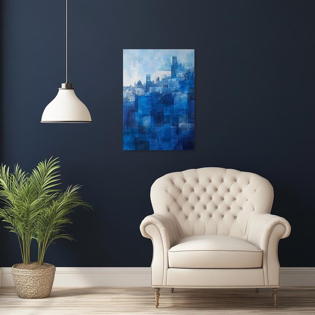 Sophisticated Blue Abstract Cityscape Canvas Print Inspired by Wassily Kandinsky for Modern Home Decor