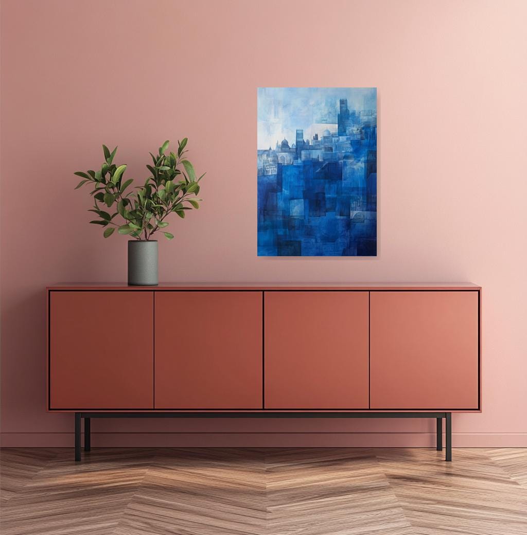 Sophisticated Blue Abstract Cityscape Canvas Print Inspired by Wassily Kandinsky for Modern Home Decor