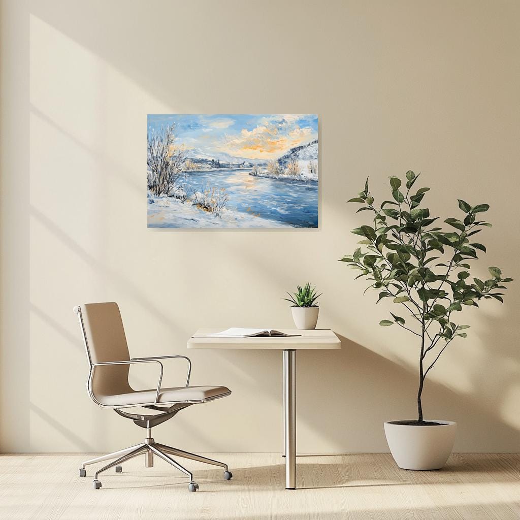 Serene Winter Landscape Canvas Print in the Style of Claude Monet with Soft Blues and Golden Hues for Home Decor