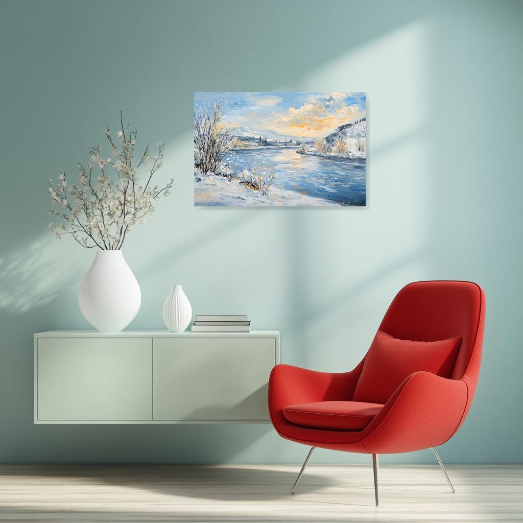 Serene Winter Landscape Canvas Print in the Style of Claude Monet with Soft Blues and Golden Hues for Home Decor