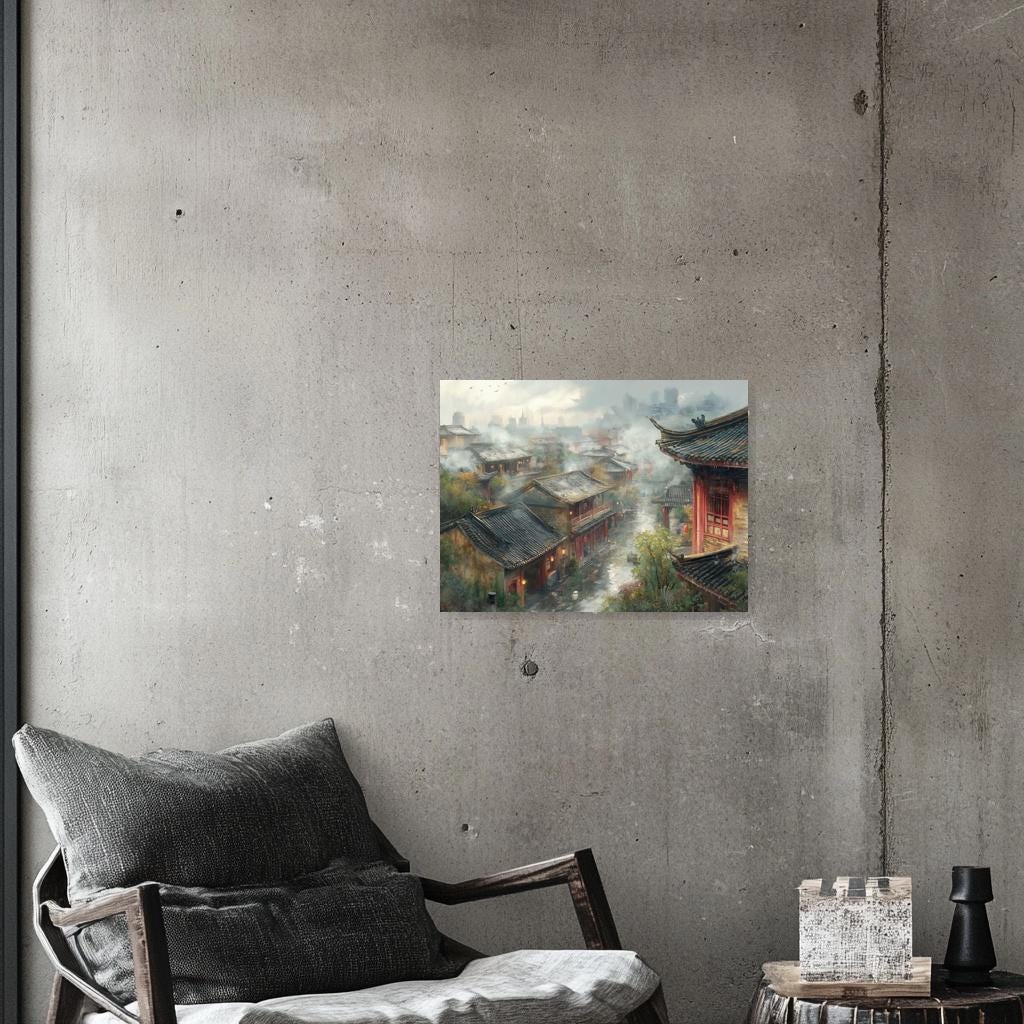 Mist-Covered Ancient Village Canvas Print in the Style of Chinese Landscape Art for Home Decor and Wall Art