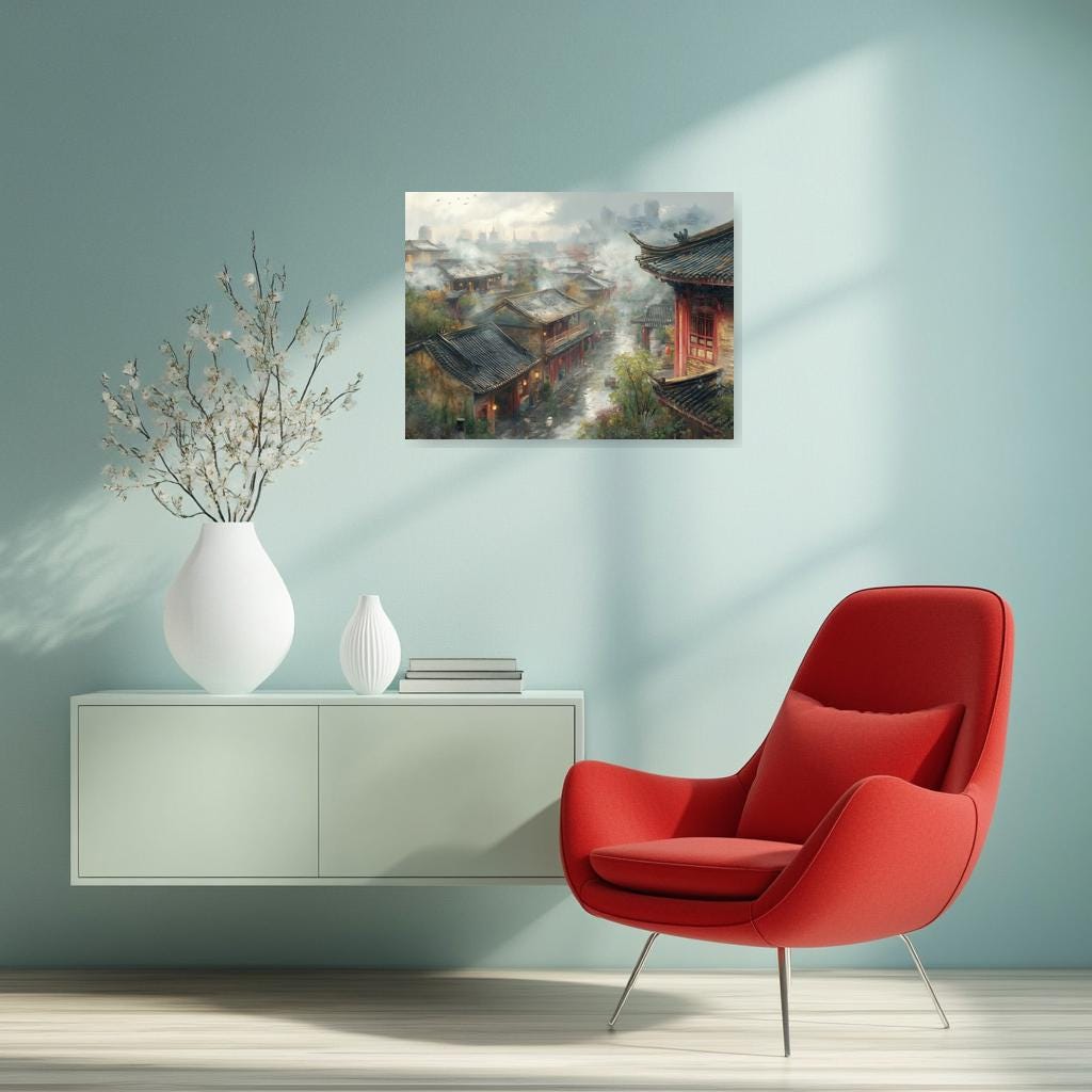 Mist-Covered Ancient Village Canvas Print in the Style of Chinese Landscape Art for Home Decor and Wall Art