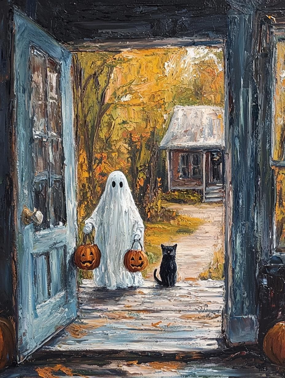 Fun Vintage Halloween Canvas Print of Ghost with Black Cat | Norman Rockwell Inspired Wall Art | Custom Artwork | Digital Download