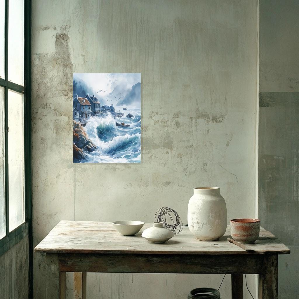Canvas Print of Serene Coastal Waves in Watercolor Style Inspired by Thomas Kinkade for Home Decor and Wall Art