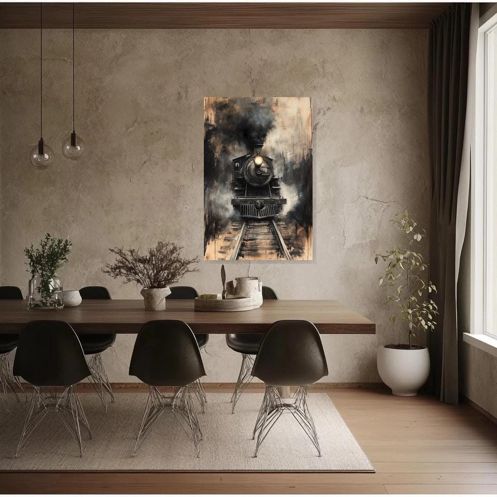 Vintage Train Canvas Print in Expressionist Style Dramatic Black and Gold Wall Art Home Decor Custom Artwork