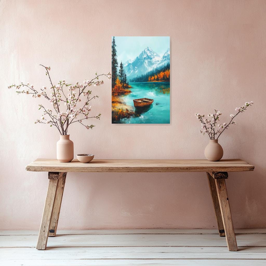 Serene Mountain Lake Canvas Print in the Style of Bob Ross Rustic Scenery Watercolor Landscape Home Decor Wall Art