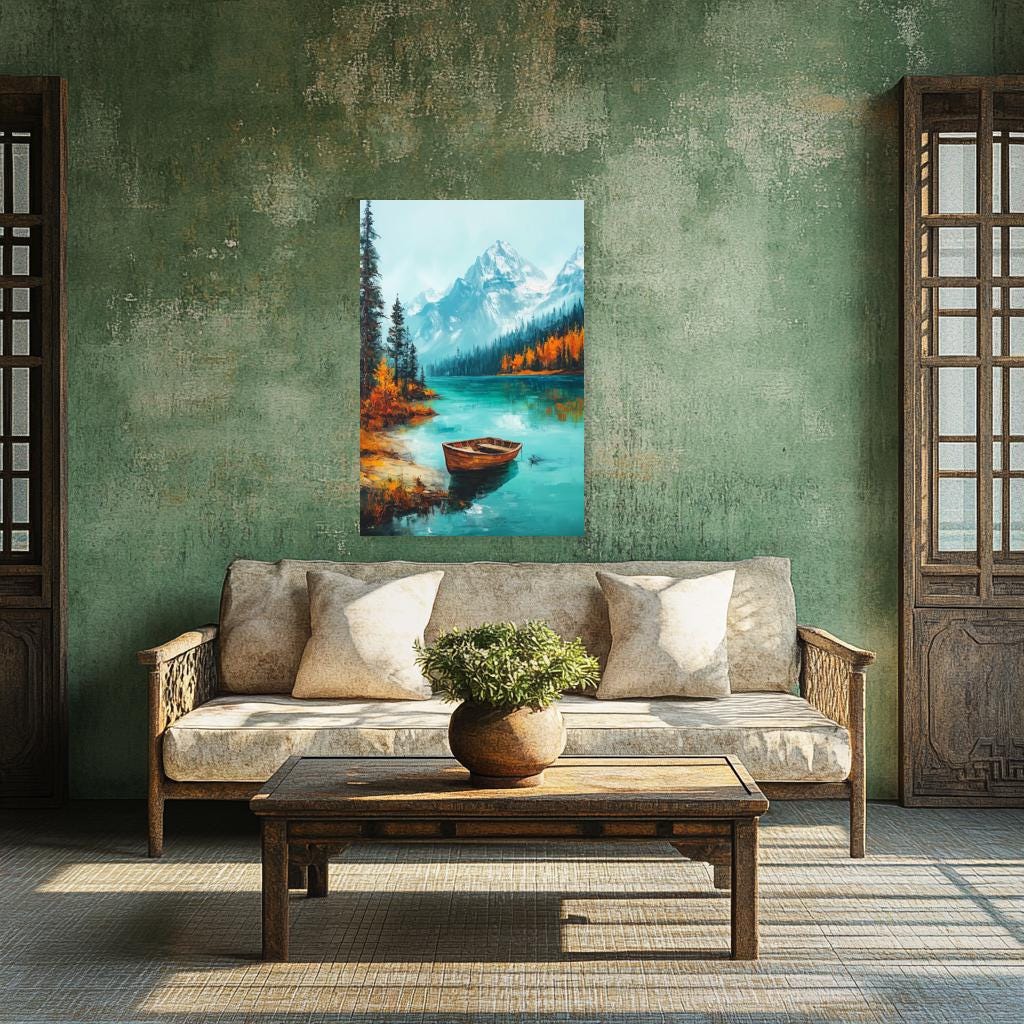 Serene Mountain Lake Canvas Print in the Style of Bob Ross Rustic Scenery Watercolor Landscape Home Decor Wall Art