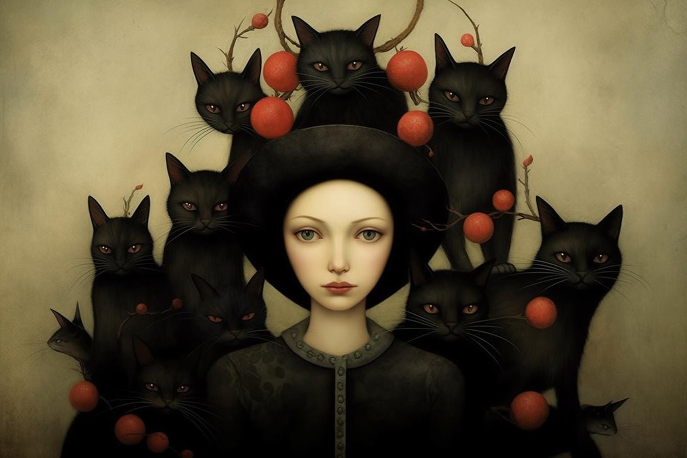 Haunting Odd Female Portrait with Black Cats Canvas Print Art Inspired by Catrin Welz-Stein | Unique Home Decor