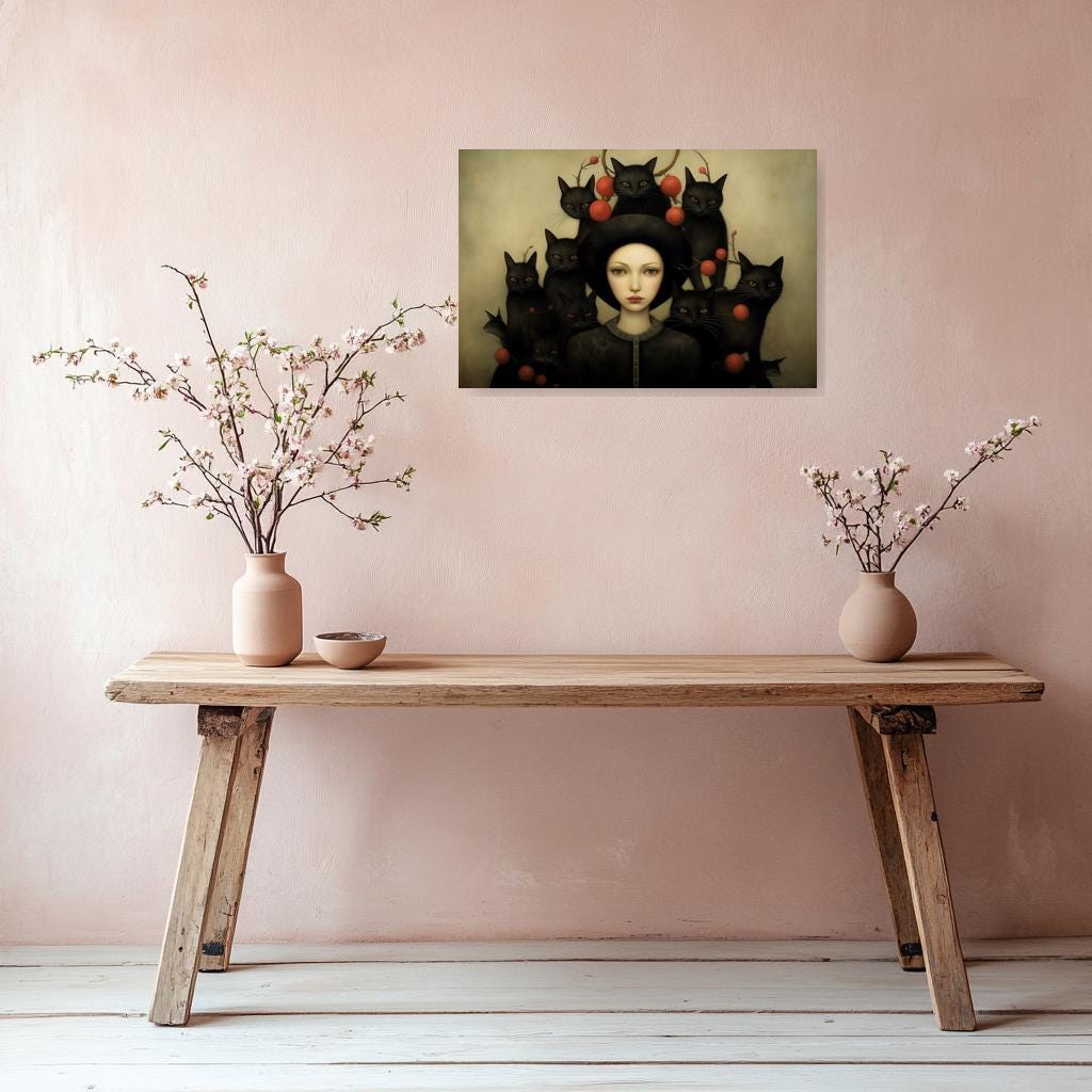 Haunting Odd Female Portrait with Black Cats Canvas Print Art Inspired by Catrin Welz-Stein | Unique Home Decor
