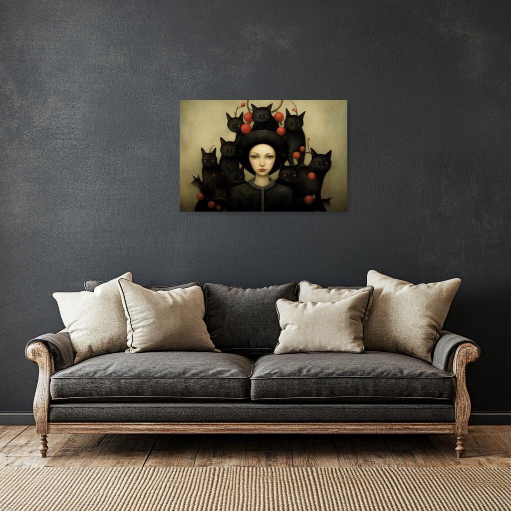 Haunting Odd Female Portrait with Black Cats Canvas Print Art Inspired by Catrin Welz-Stein | Unique Home Decor