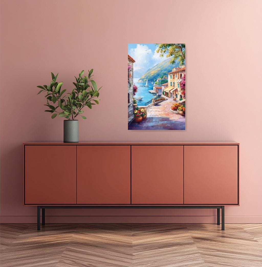 Coastal Village Serenity Canvas Print in Vibrant Impressionist Style Inspired by Monet for Home Decor