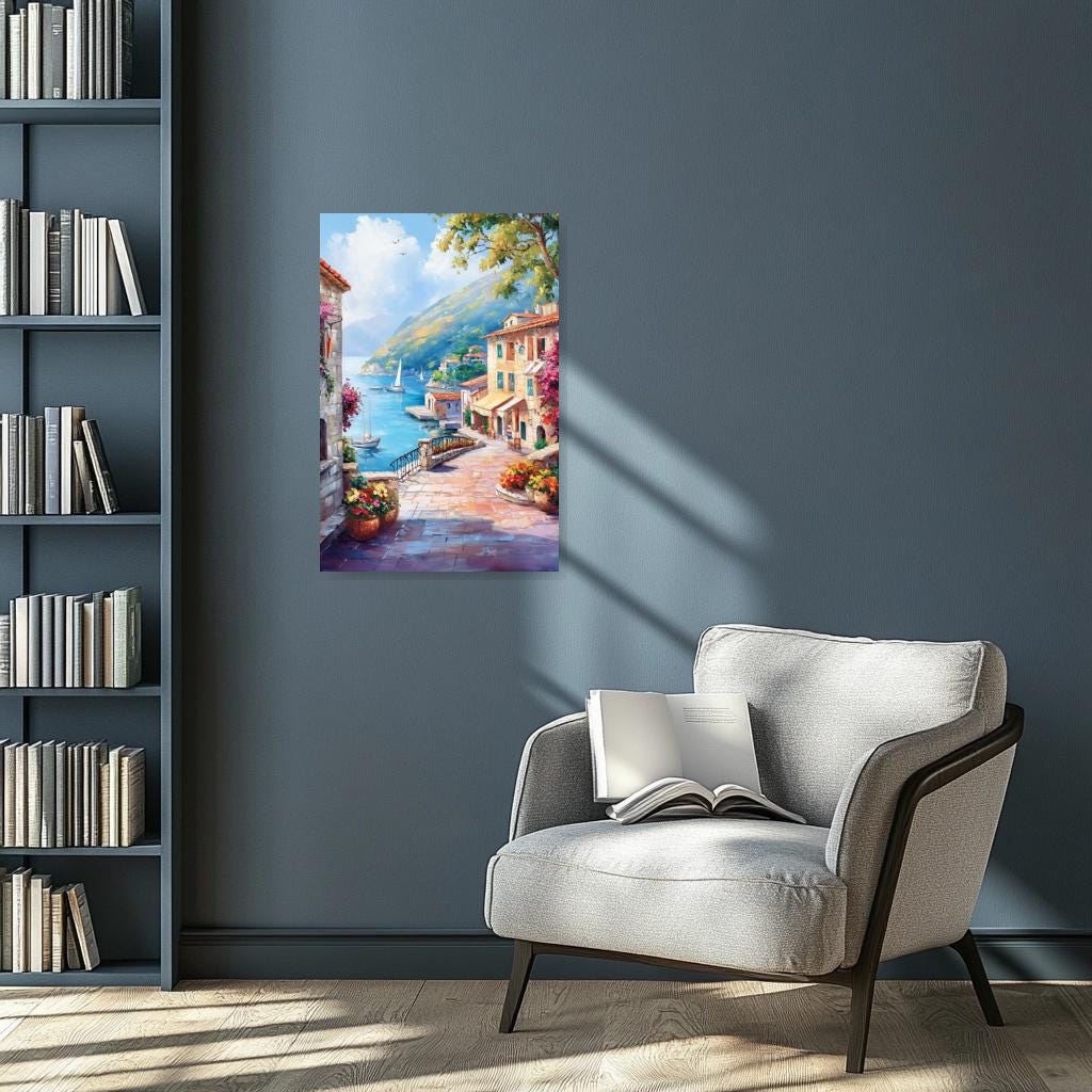 Coastal Village Serenity Canvas Print in Vibrant Impressionist Style Inspired by Monet for Home Decor