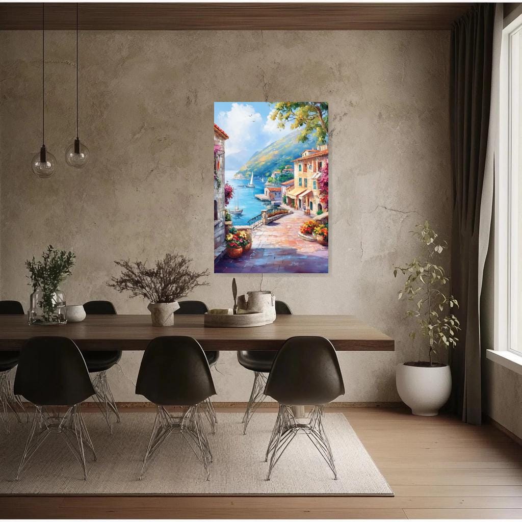 Coastal Village Serenity Canvas Print in Vibrant Impressionist Style Inspired by Monet for Home Decor