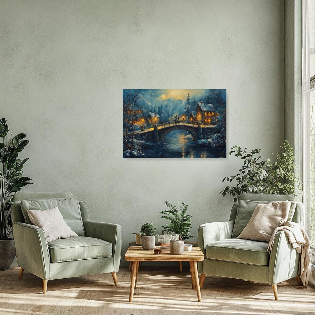 Winter Bridge Canvas Print Inspired by Impressionist Art with Cozy Snowy Scene and Warm Lantern Lights for Home Decor