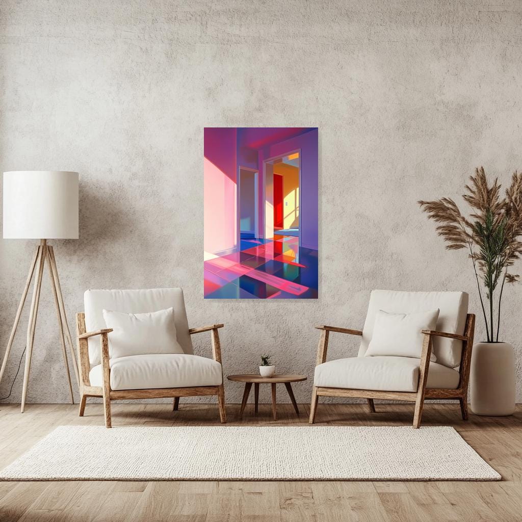 Contemporary Interior Canvas Art Print Inspired by Modernist Artists with Vivid Colors and Dynamic Light Play