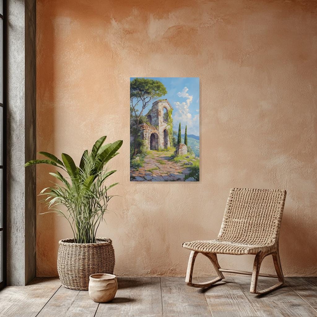 Custom Canvas Print of Abandoned Stone Ruins Inspired by Claude Monet with Lush Greenery for Home Decor Wall Art