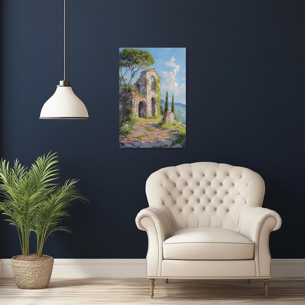 Custom Canvas Print of Abandoned Stone Ruins Inspired by Claude Monet with Lush Greenery for Home Decor Wall Art