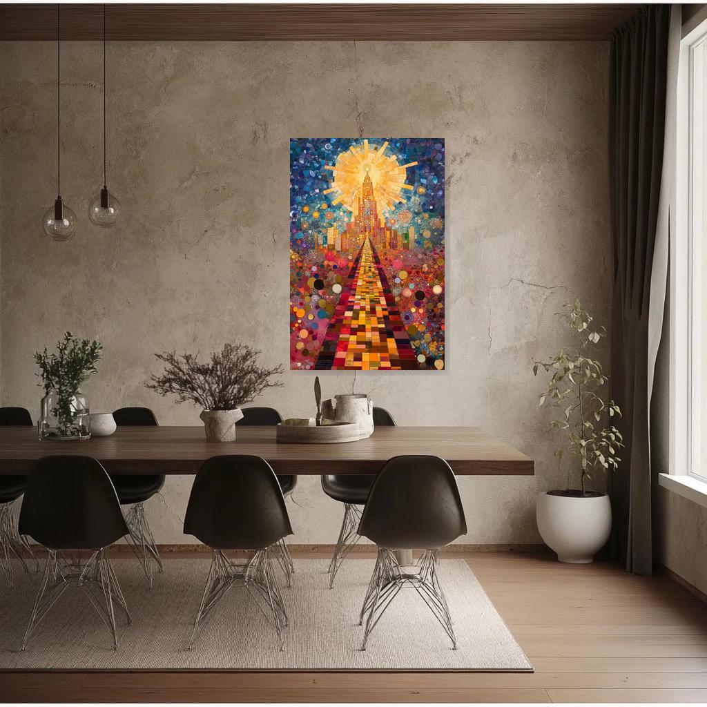 Mosaic Pathway to Light Canvas Print Inspired by Klimt with Colorful Abstract Shapes and Vibrant Sunlight for Home Decor
