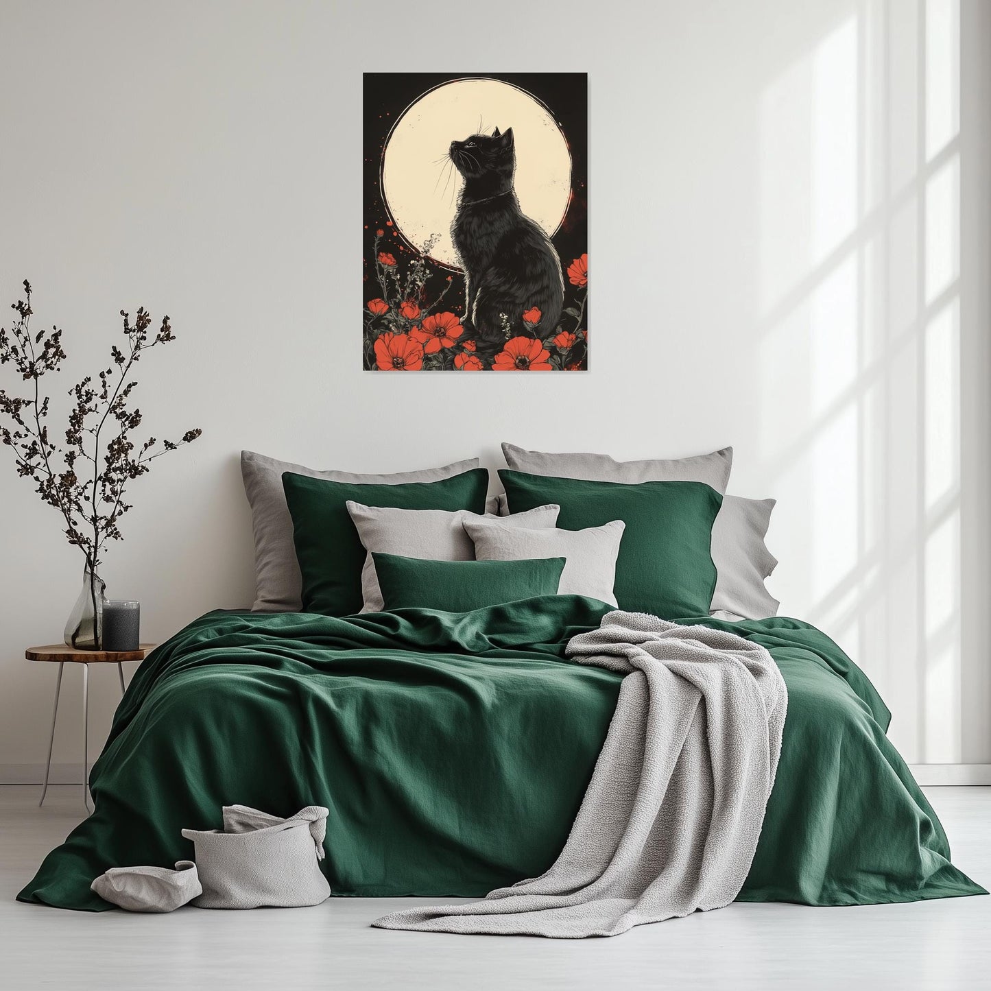 Black Cat and Red Flowers Canvas Print Moonlight Wall Art Custom Digital Download Home Decor Inspired by Nature Artistry