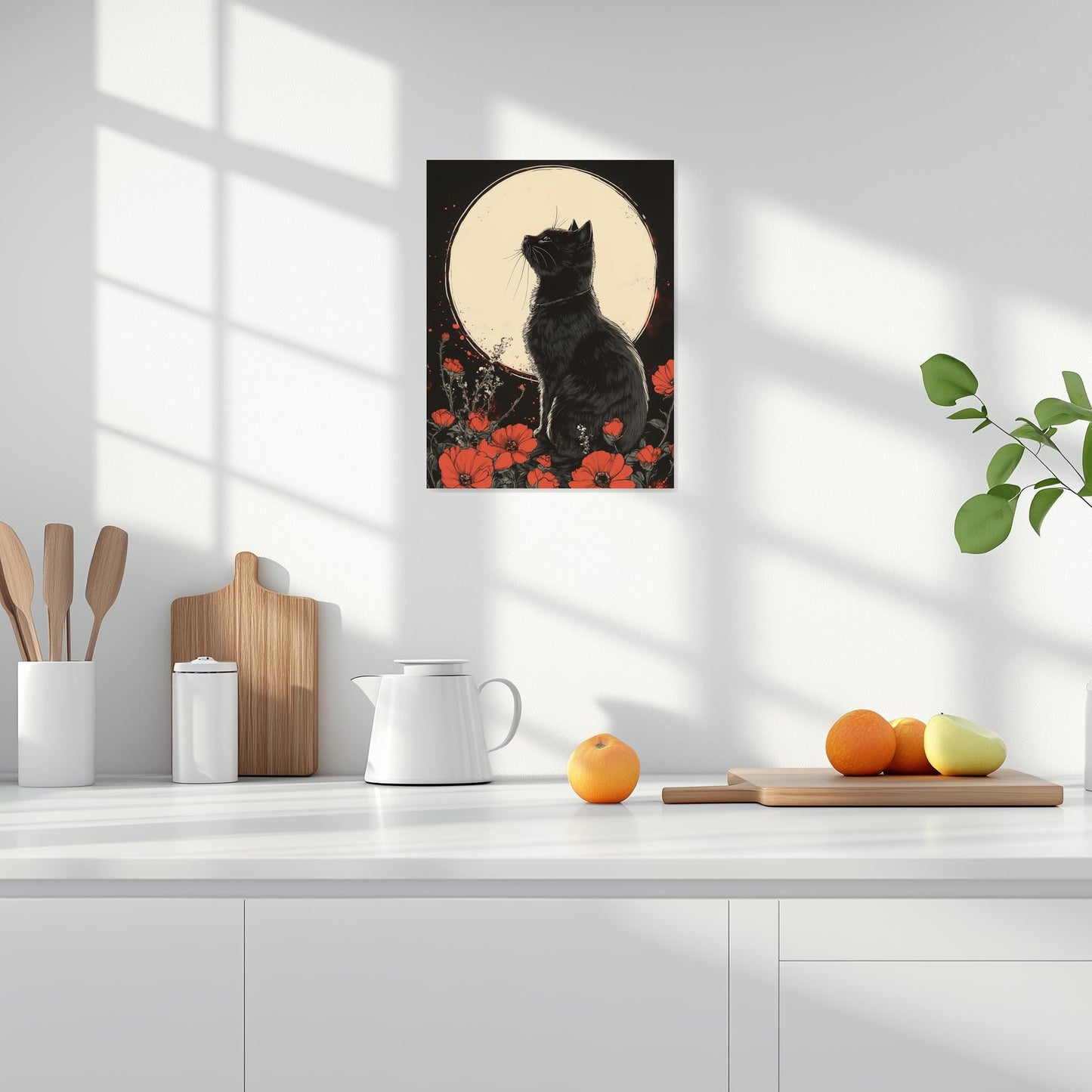 Black Cat and Red Flowers Canvas Print Moonlight Wall Art Custom Digital Download Home Decor Inspired by Nature Artistry