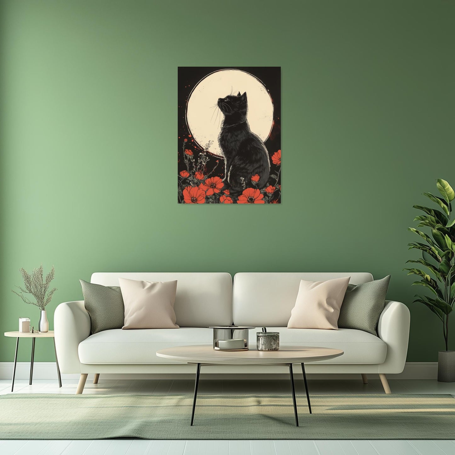 Black Cat and Red Flowers Canvas Print Moonlight Wall Art Custom Digital Download Home Decor Inspired by Nature Artistry