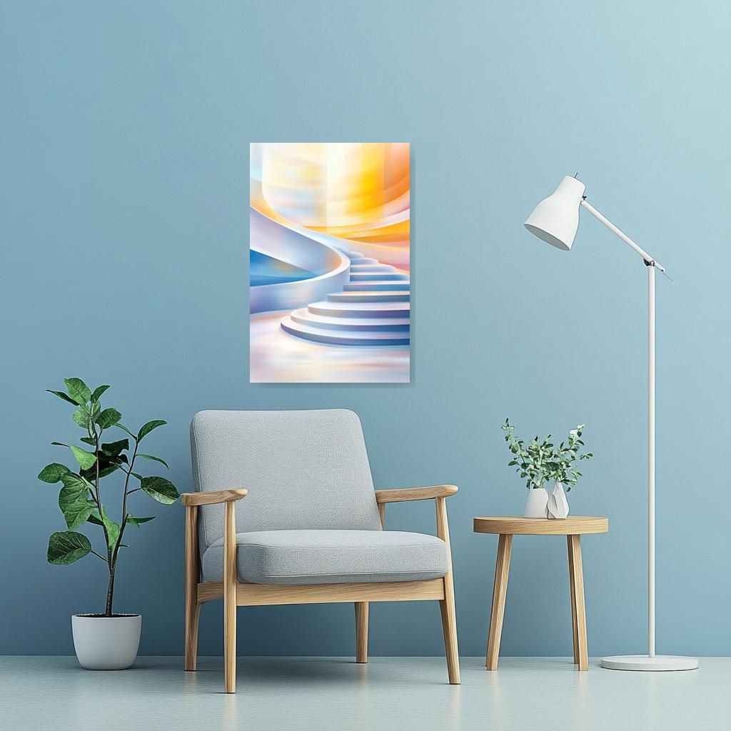 Abstract Stairs Artwork Canvas Print Inspired by Monet in Soft Blues and Warm Hues for Home Decor