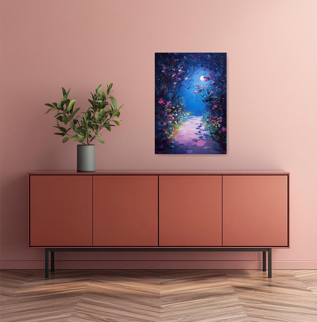 Moonlit Floral Pathway Canvas Print Inspired by Van Gogh's Impressionism - Vibrant Wall Art for Home Decor