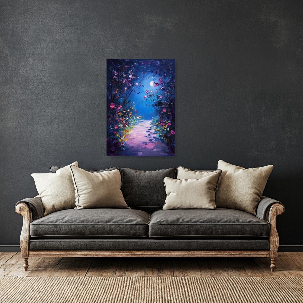 Moonlit Floral Pathway Canvas Print Inspired by Van Gogh's Impressionism - Vibrant Wall Art for Home Decor