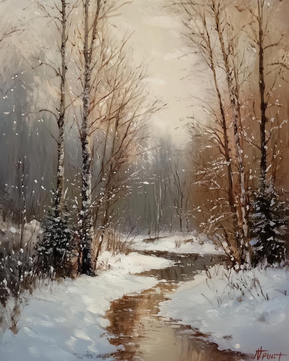 Winter Landscape Canvas Print Inspired by Bob Ross with Soft Pastels Snowy Scene Home Decor Wall Art Digital Download