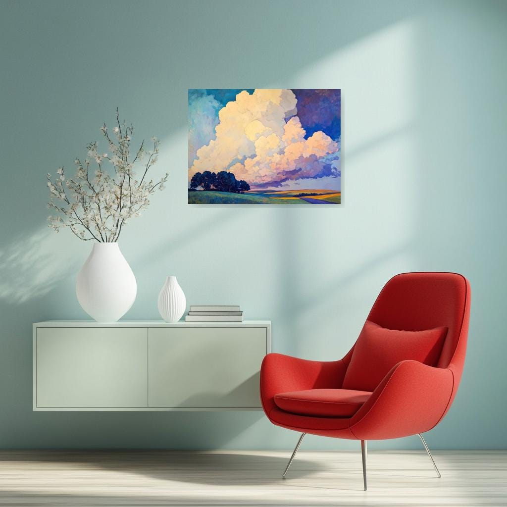 Custom Canvas Print Inspired by Thomas Hart Benton's Sky Landscape Art with Vibrant Clouds and Rich Colors for Home Decor