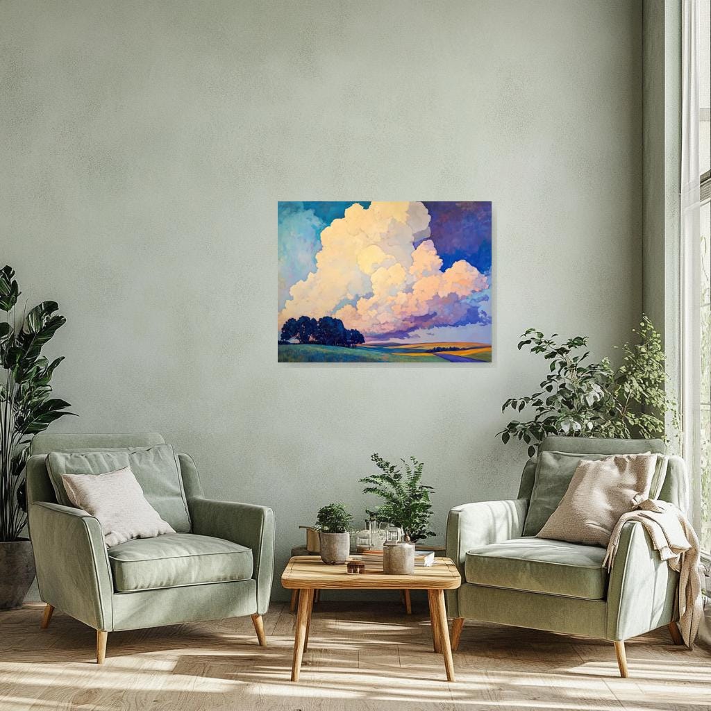 Custom Canvas Print Inspired by Thomas Hart Benton's Sky Landscape Art with Vibrant Clouds and Rich Colors for Home Decor
