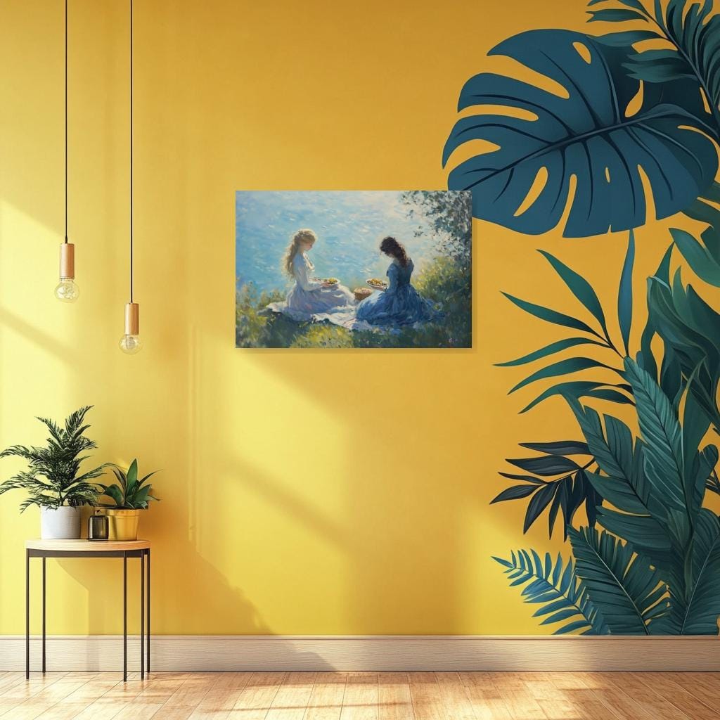 Custom Canvas Print of Two Ladies by the Water in Impressionist Style Inspired by Claude Monet for Home Decor