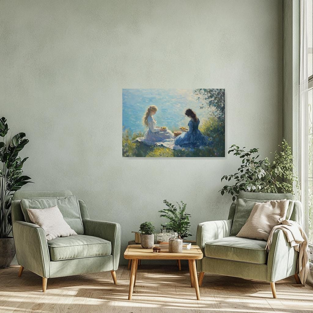 Custom Canvas Print of Two Ladies by the Water in Impressionist Style Inspired by Claude Monet for Home Decor