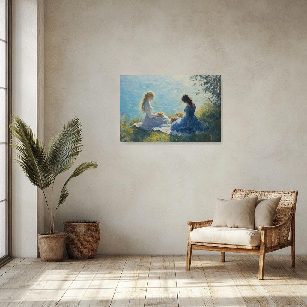 Custom Canvas Print of Two Ladies by the Water in Impressionist Style Inspired by Claude Monet for Home Decor