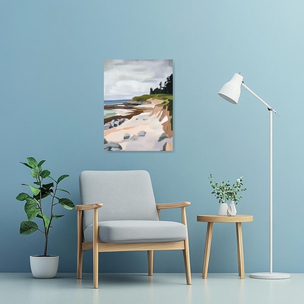 Coastal Serenity Canvas Print Inspired by Edward Hopper with Soft Pastels and Dynamic Brushstrokes for Home Decor