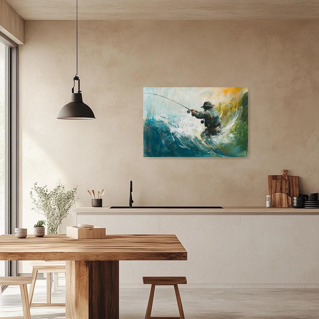 Dynamic Fisherman Wall Art Canvas Print - Coastal Impressionism Inspired by Monet - Framed Ocean Waves Home Decor