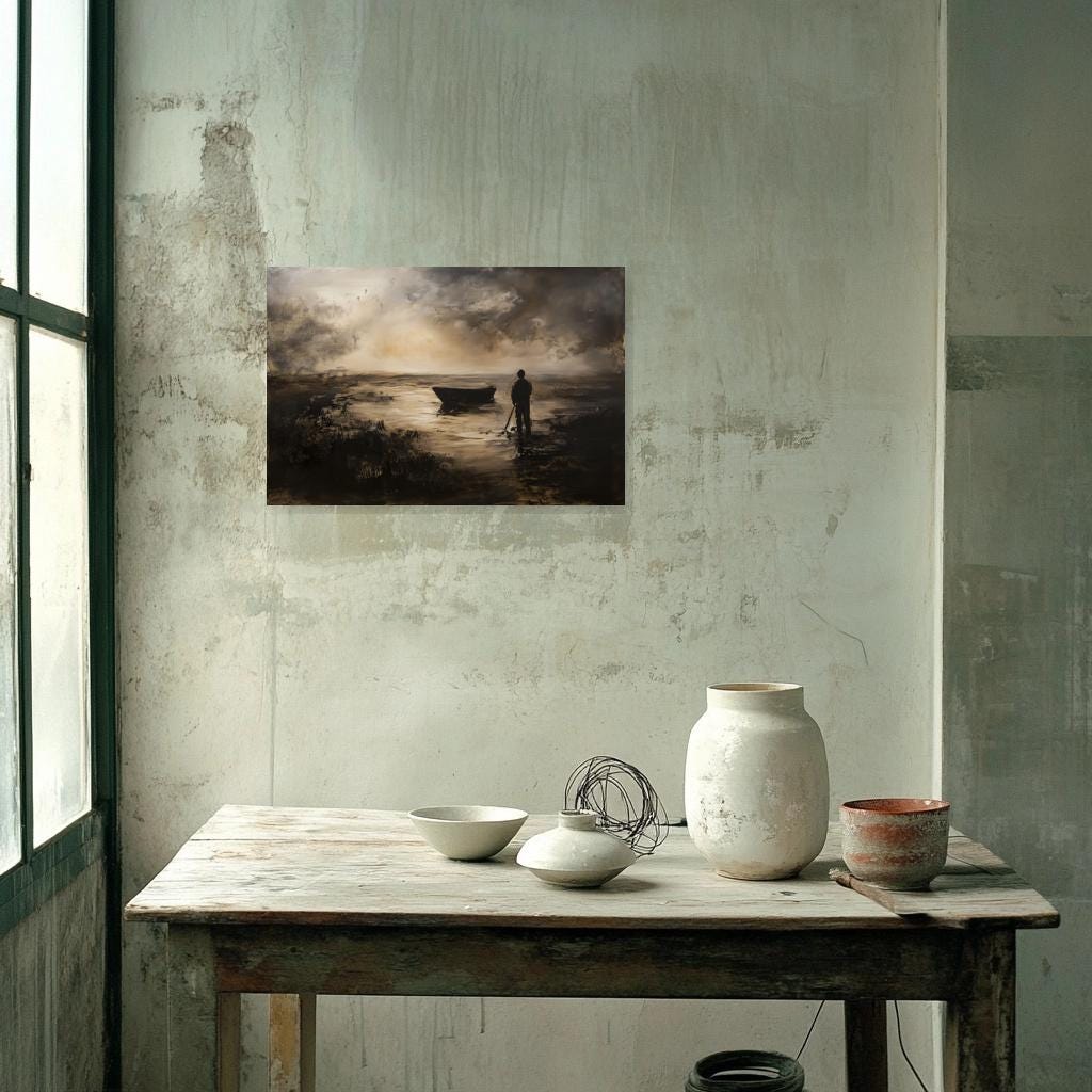 Serene Landscape Canvas Print Inspired by Turner with Graceful Silhouettes and Rich Earthy Tones for Home Decor