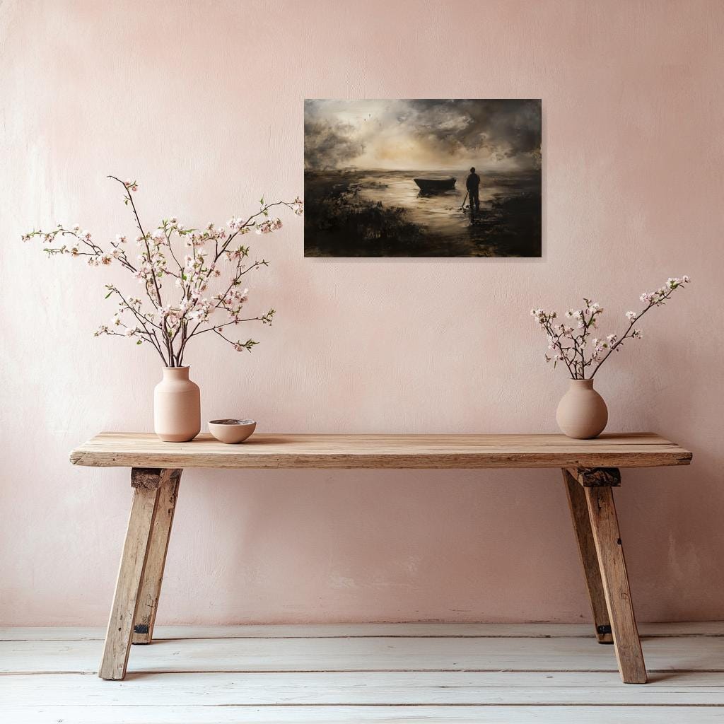 Serene Landscape Canvas Print Inspired by Turner with Graceful Silhouettes and Rich Earthy Tones for Home Decor