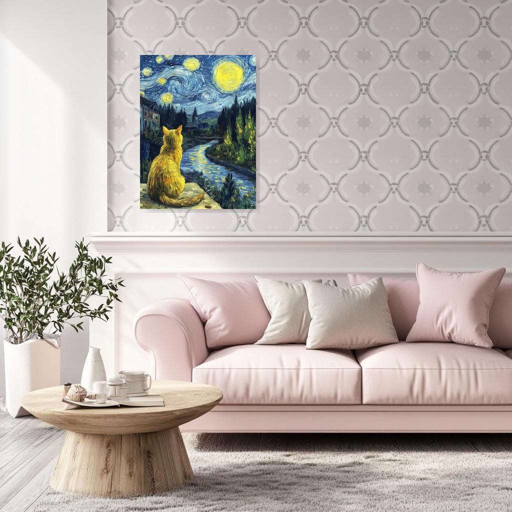 Custom Cat Art Canvas Print in Starry Night Style Vibrant Wall Art Home Decor Digital Download