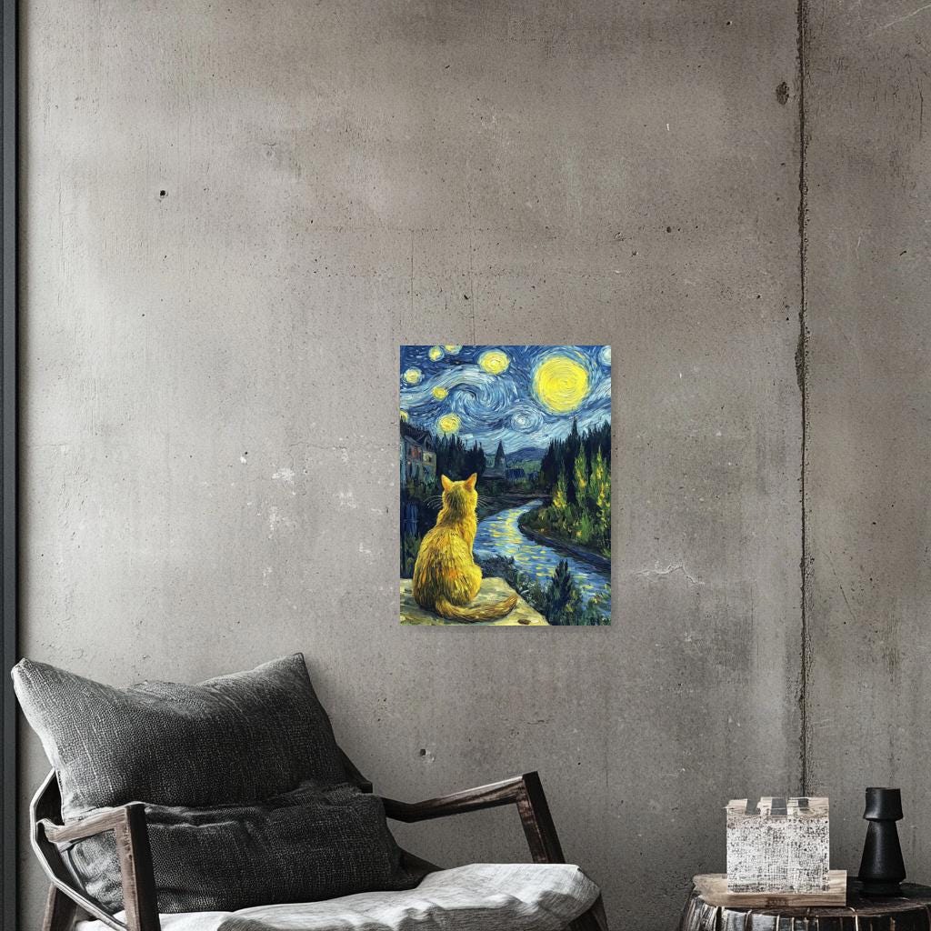 Custom Cat Art Canvas Print in Starry Night Style Vibrant Wall Art Home Decor Digital Download
