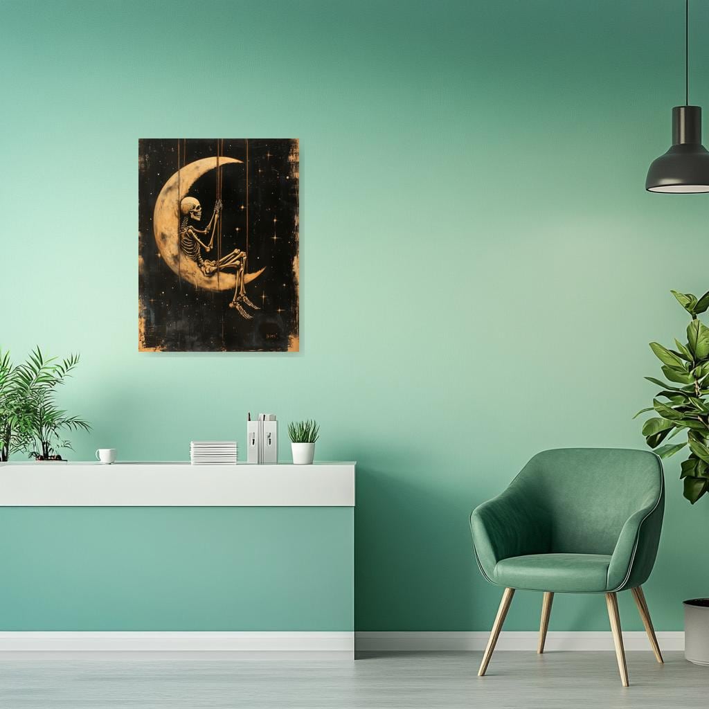 Skeleton on Moon Canvas Art Black Gold Wall Decor Inspired by Style of Van Gogh Unique Home Decor Digital Print